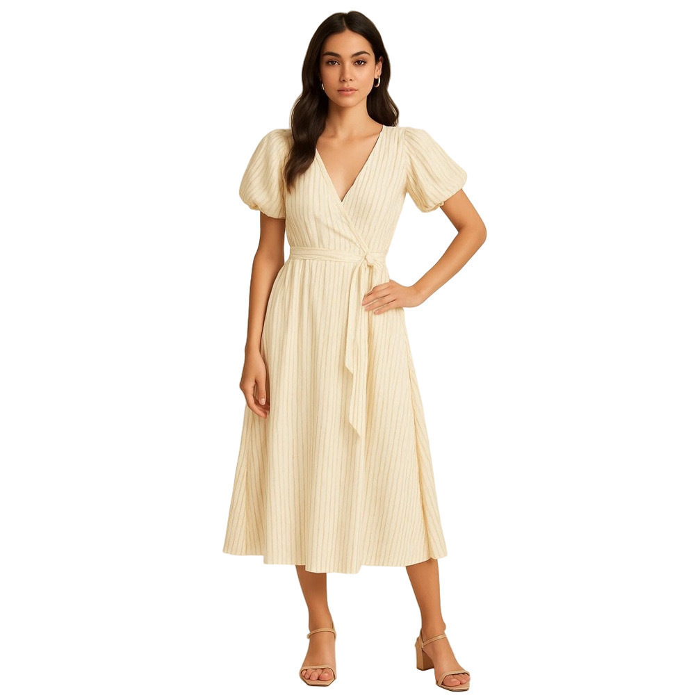 Poupette St Barth Midid Kimi Ruffle Dress 100% Cotton Gold stripe SZ small